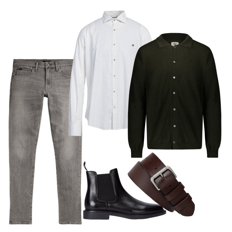 Outfit uomo - Bianco nero e grigio. Stile Casual per Serata speciale. Abbinamento con camicie, cinture, jeans, stivali e stivaletti, polo.