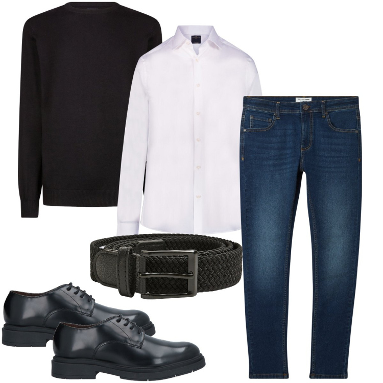 Outfit uomo - La cintura intrecciata. Stile Business/Elegante per Ufficio. Abbinamento con scarpe stringate, jeans skinny, cinture, camicie, maglieria.