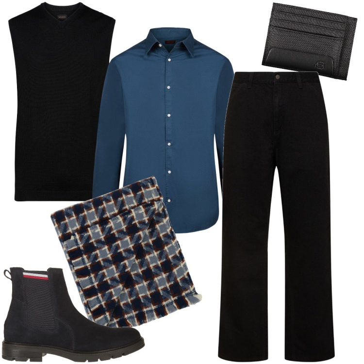 Outfit uomo - La camicia azzurra. Stile Urban per Serata speciale. Abbinamento con stivali e stivaletti, sciarpe, gilet, camicie, portafogli, jeans.