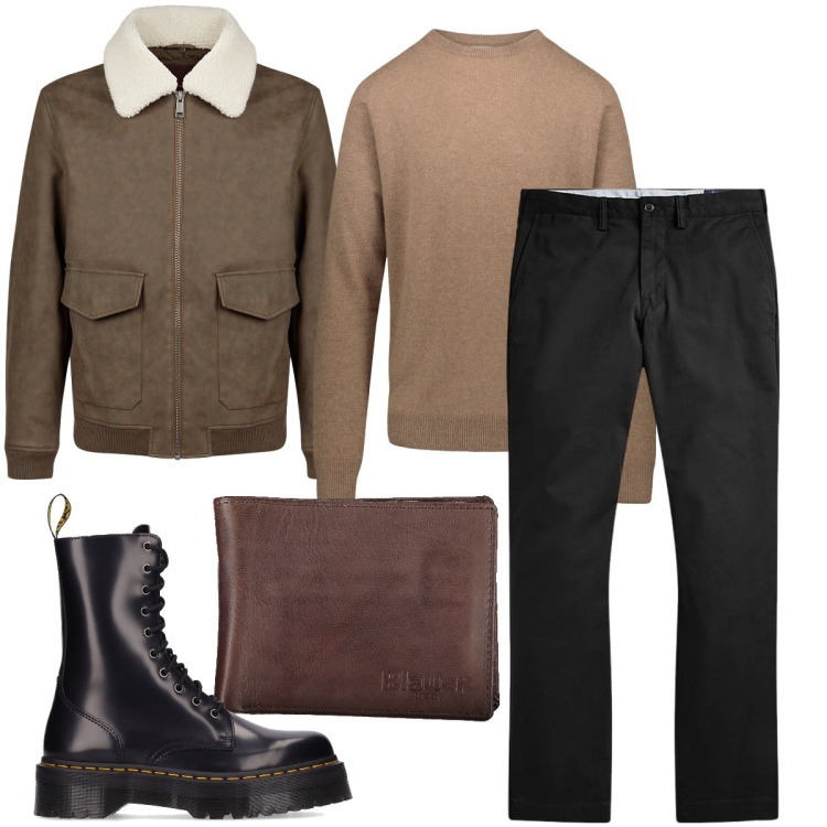 Outfit uomo - Il colletto morbido. Stile Trendy per Ufficio. Abbinamento con pantaloni, giacche, maglieria, stivali, portafogli.