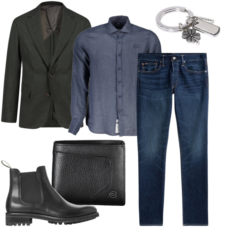Outfit uomo - Elegante con i jeans. Stile Business/Elegante per Serata speciale. Abbinamento con portachiavi, stivali e stivaletti, jeans, giacche, camicie, portafogli.