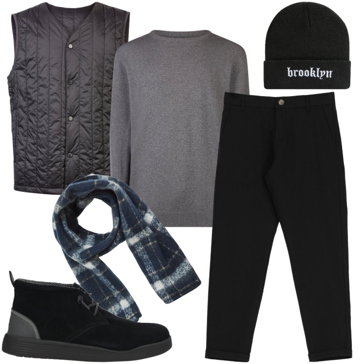 Outfit uomo - Il berretto per il freddo. Stile Urban per Serata speciale. Abbinamento con stivali e stivaletti, berretti, sciarpe, pantaloni, piumini, maglieria.