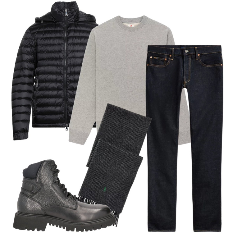 Outfit uomo - Il piumino nero. Stile Urban per Serata speciale. Abbinamento con piumini, anfibi, felpe, jeans, sciarpe.
