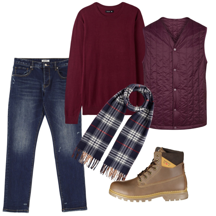 Outfit uomo - In centro. Stile Casual per Tutti i giorni. Abbinamento con maglieria, jeans slim fit, piumini, stivali, sciarpe.