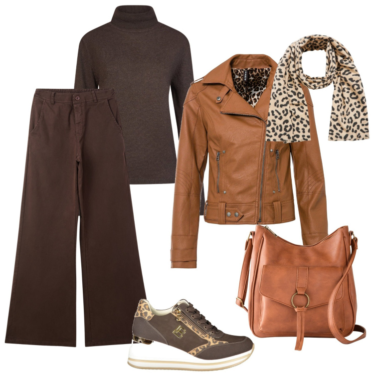 Outfit donna - Giusto un pizzico di animalier. Stile Trendy per Tutti i giorni. Abbinamento con borse a tracolla, blazer, pantaloni chino, sciarpe, sneakers, maglieria.