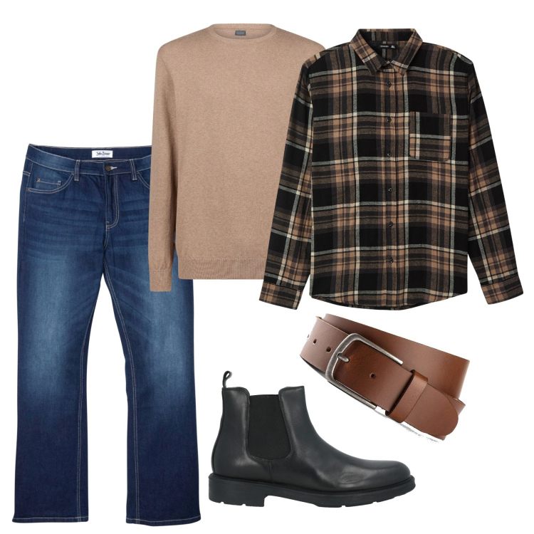 Outfit uomo - Quadroni inverno. Stile Casual per Tutti i giorni. Abbinamento con cinture, jeans bootcut, stivali e stivaletti, camicie, maglieria.