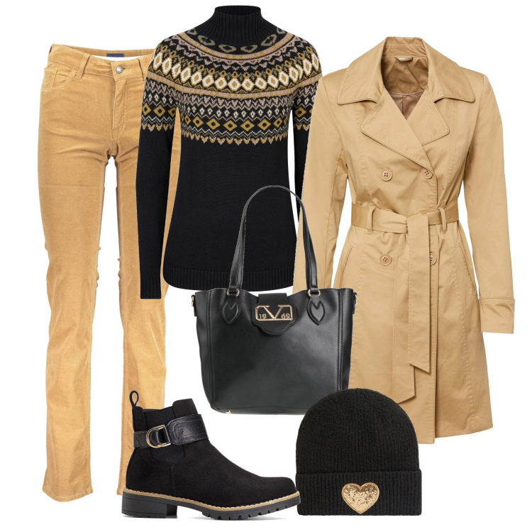 Outfit donna - Luminosa e calda. Stile Urban per Tutti i giorni. Abbinamento con stivaletti, trench, maglieria, borse a mano, berretti, pantaloni.