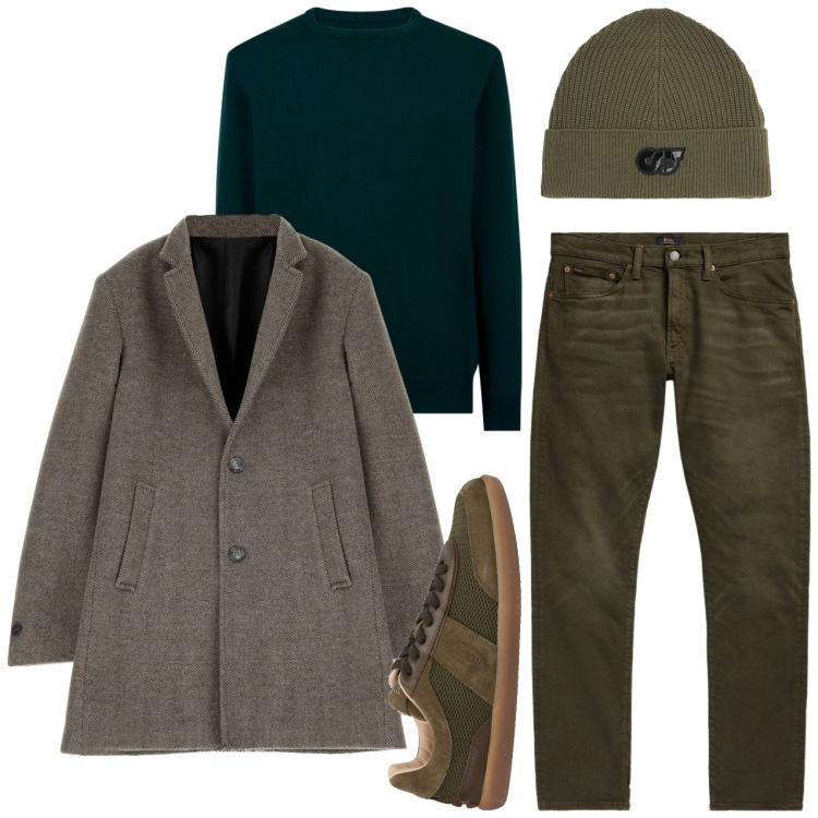 Outfit uomo - Verde a novembre. Stile Trendy per Tutti i giorni. Abbinamento con sneakers, cappotti, jeans, maglieria, berretti.