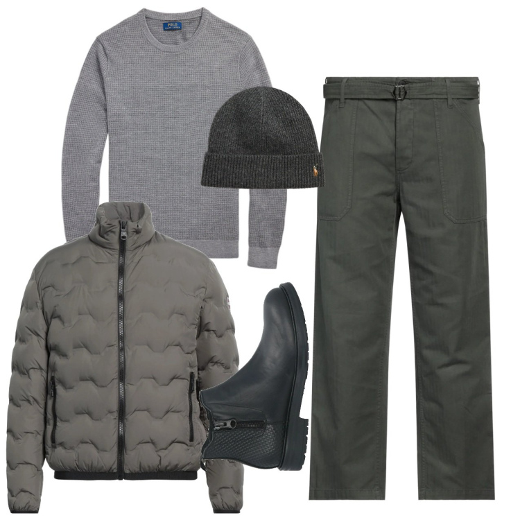 Outfit uomo - Supercaldo. Stile Casual per Tutti i giorni. Abbinamento con pantaloni, piumini, stivali e stivaletti, berretti, maglieria.