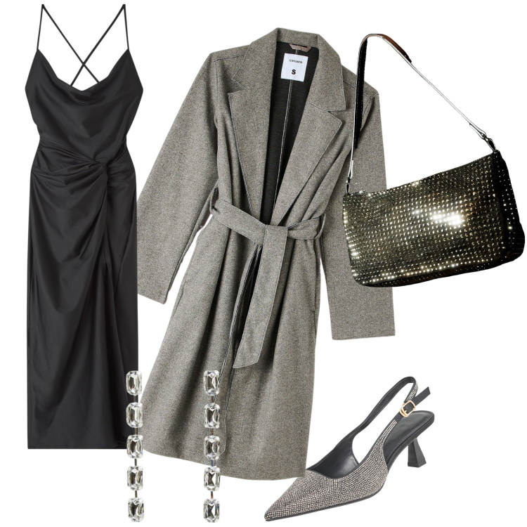 Outfit donna - Luccichio. Stile Glamour per Serata fuori. Abbinamento con orecchini, cappotti, borse a spalla, vestiti, décolleté.