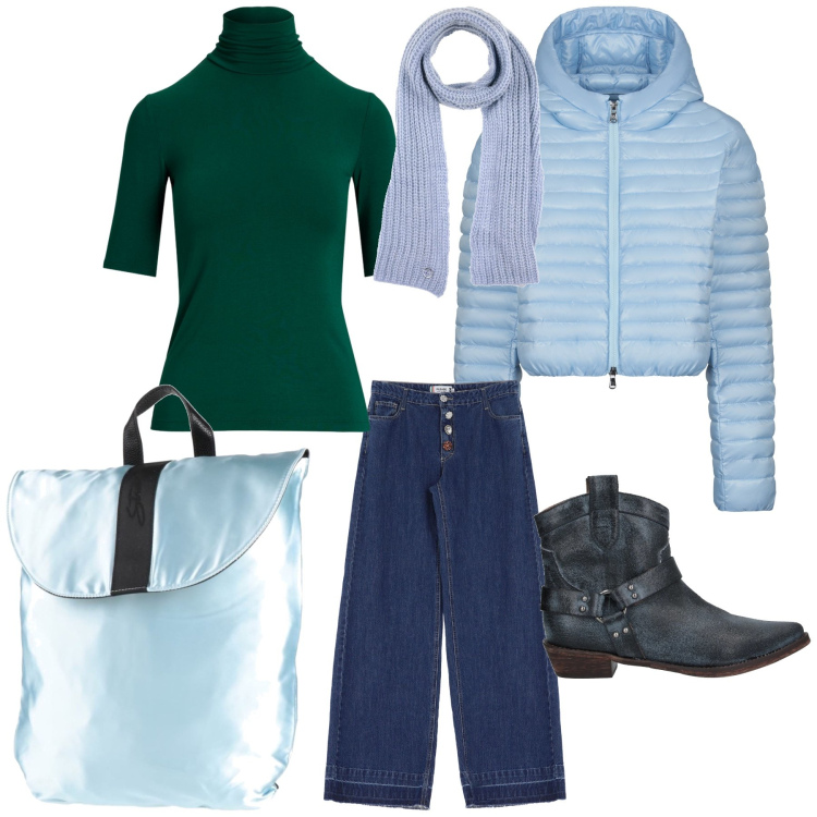 Outfit donna - Weekend fuori porta. Stile Casual chic per Tutti i giorni. Abbinamento con stivaletti texani, zaini, sciarpe, jeans, maglieria, piumini.