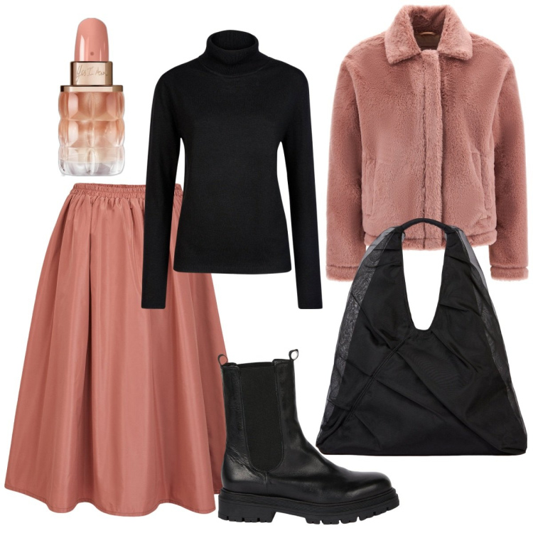 Outfit donna - Con le amiche. Stile Trendy per Serata fuori. Abbinamento con profumi, cappotti, gonne lunghe, stivaletti chelsea, shopping bag, maglieria.