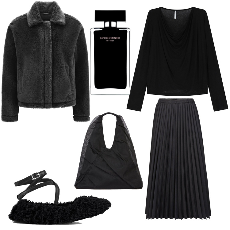 Outfit donna - La gonna a pieghe. Stile Chic per Serata fuori. Abbinamento con profumi, pullovers, cappotti, gonne longuette, ballerine, shopping bag.