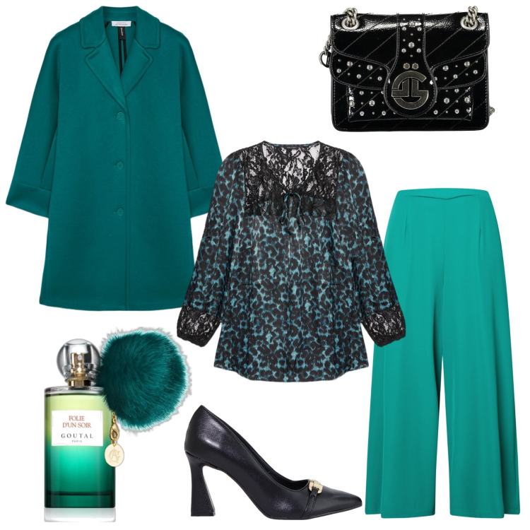Outfit donna - Ti piace questo colore?. Stile Chic per Serata fuori. Abbinamento con profumi, pantaloni a palazzo, stivaletti, cappotti, bluse, borse a tracolla.
