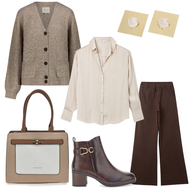 Outfit donna - In ufficio. Stile Minimal per Ufficio. Abbinamento con pantaloni chino, camicie, orecchini, stivaletti, cardigans, borse a tracolla.