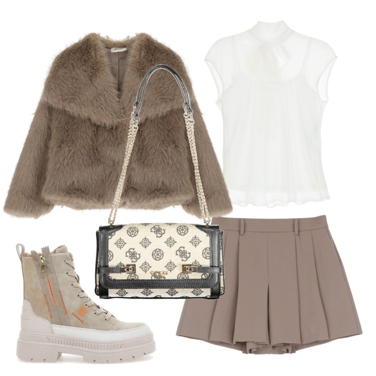Outfit donna - Pellicciotto. Stile Preppy per Serata fuori. Abbinamento con gonne, top, ecopellicce, anfibi, borse a spalla.