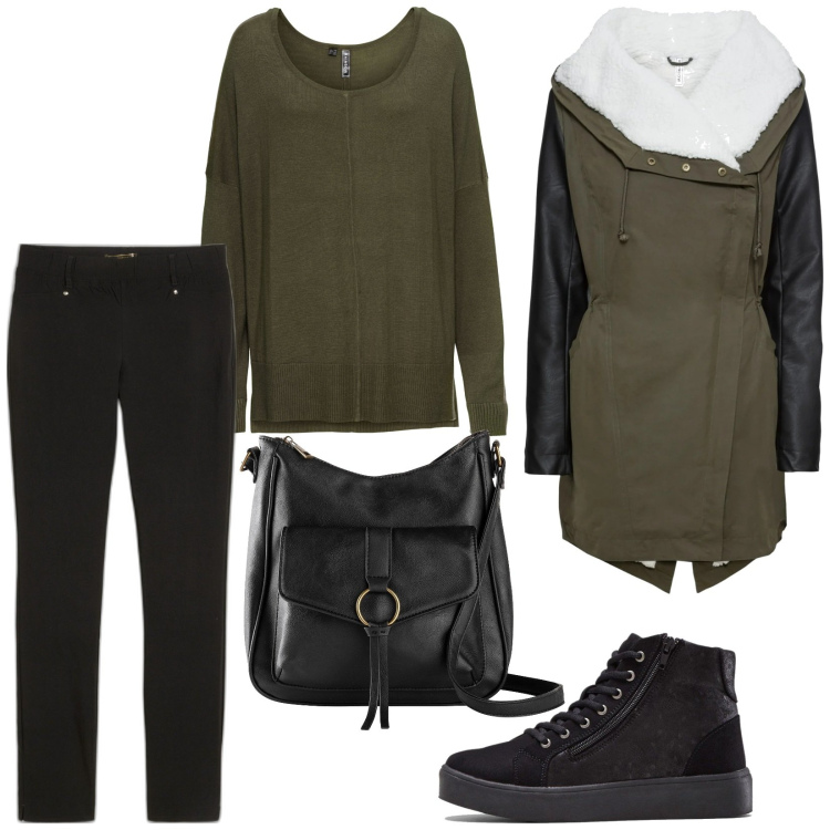 Outfit donna - Total look #2011488. Stile Casual per Tutti i giorni. Abbinamento con sneakers alte, pantaloni, maglieria, cappotti, borse a tracolla.