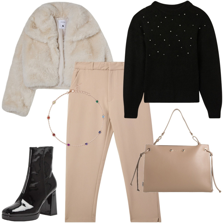 Outfit donna - Total look #2011494. Stile Casual per Tutti i giorni. Abbinamento con borse a mano, blazer, maglieria, pantaloni chino, stivaletti, braccialetti.