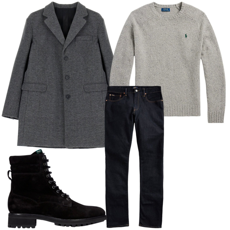 Outfit uomo - Minimal. Stile Trendy per Tutti i giorni. Abbinamento con cappotti, jeans, maglieria, stivali.
