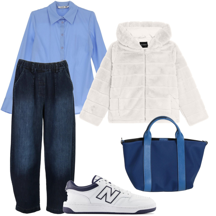 Outfit donna - A passeggio per la città. Stile Casual per Tutti i giorni. Abbinamento con borse a mano, camicie, sneakers, jeans, blazer.