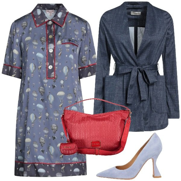 Outfit donna - Mini abito fantasia. Stile Basic per Tutti i giorni. Abbinamento con décolleté, vestiti corti, blazer, pochette.