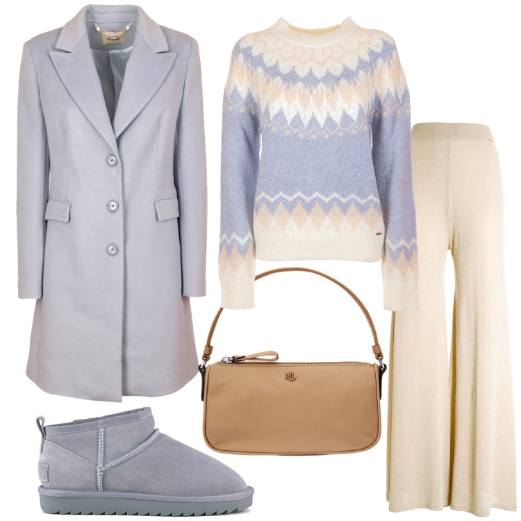Outfit donna - Winter girl. Stile Casual chic per Tutti i giorni. Abbinamento con cappotti, maglieria, pantaloni a palazzo, pochette, stivali.