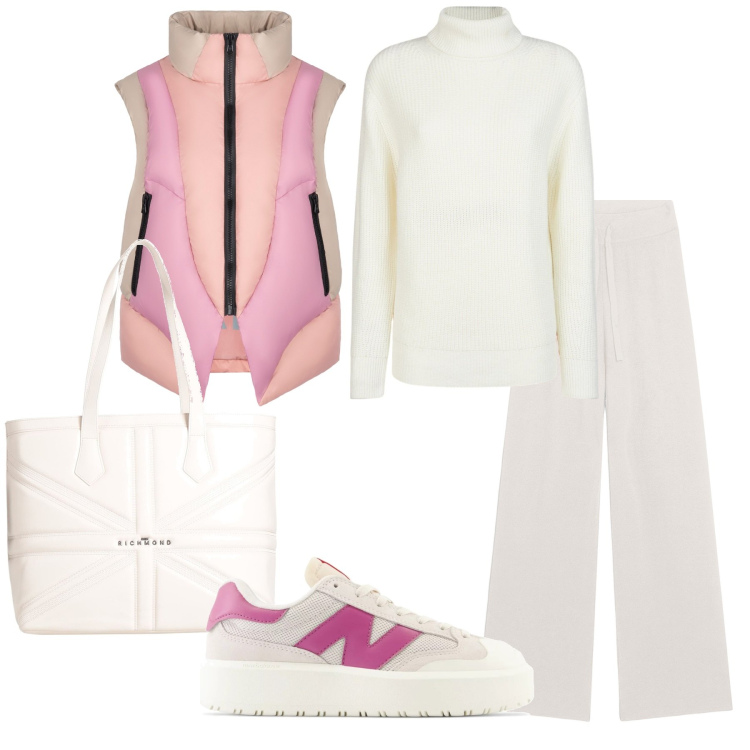 Outfit donna - Sporty chic. Stile Sporty chic per Tutti i giorni. Abbinamento con borse a spalla, sneakers, pantaloni, piumini, maglieria.