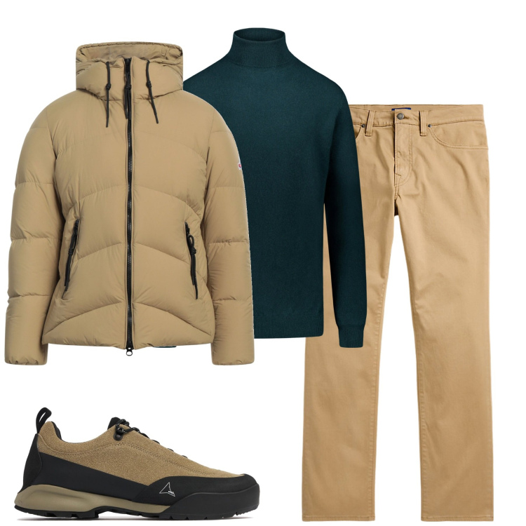 Outfit uomo - City. Stile Urban per Tutti i giorni. Abbinamento con piumini, pantaloni, maglieria, sneakers.