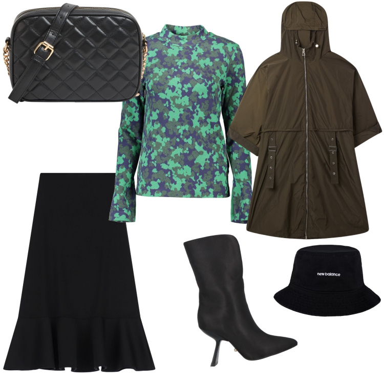Outfit donna - L aperitivo del venerdì sera. Stile Glamour per Serata fuori. Abbinamento con stivaletti, borse a tracolla, trench, cappelli, gonne, maglieria.