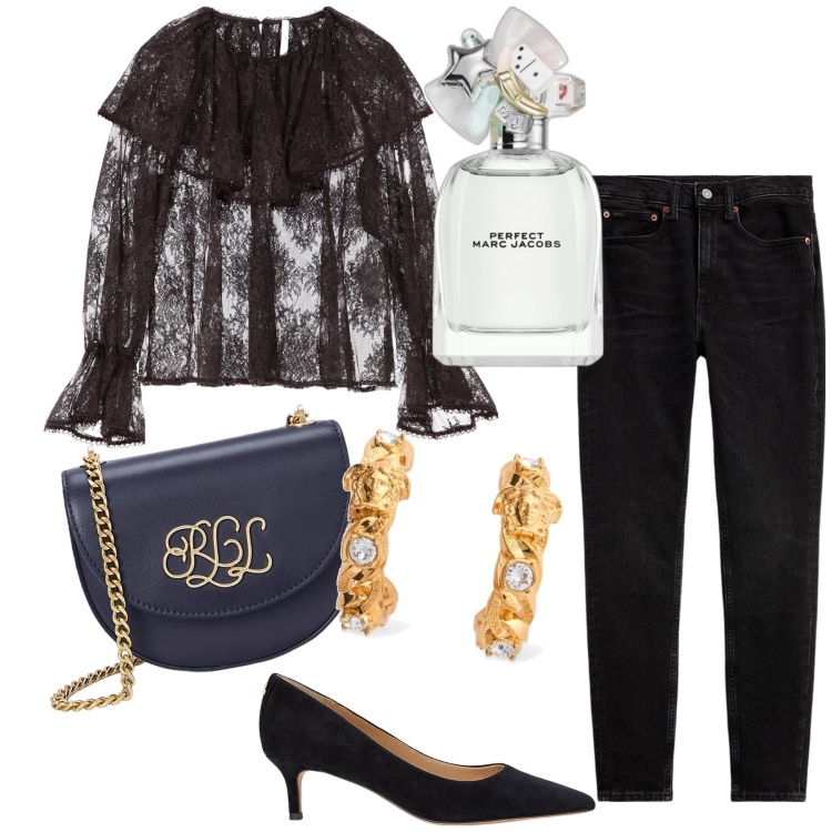 Outfit donna - Romanticismo in jeans e blusa wow. Stile Romantica per Serata fuori. Abbinamento con profumi, camicie, borse a tracolla, jeans slim fit, décolleté, orecchini.