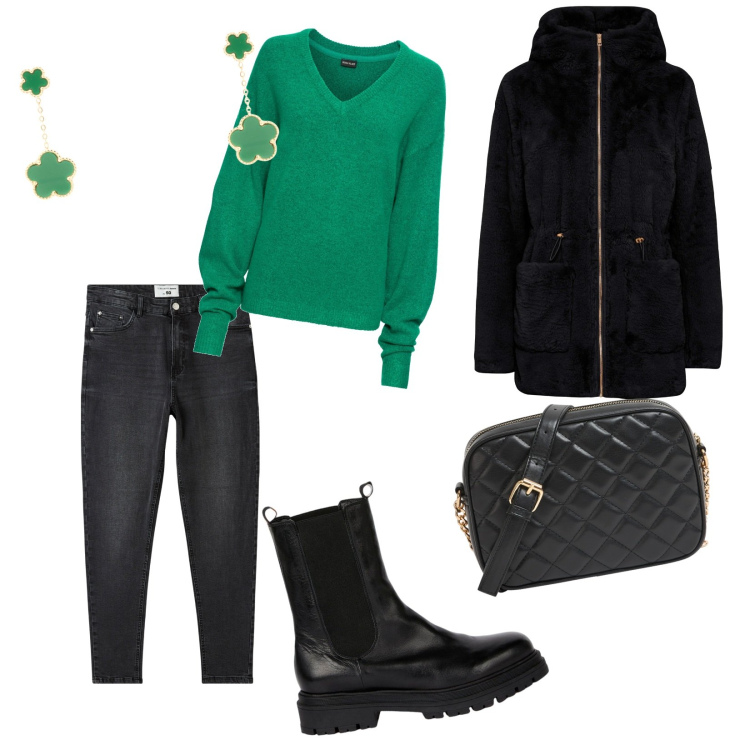 Outfit donna - Uscita tra noi + cinquantenne. per Tutti i giorni. Abbinamento con maglieria, ecopellicce, jeans skinny, borse a tracolla, orecchini, stivaletti chelsea.