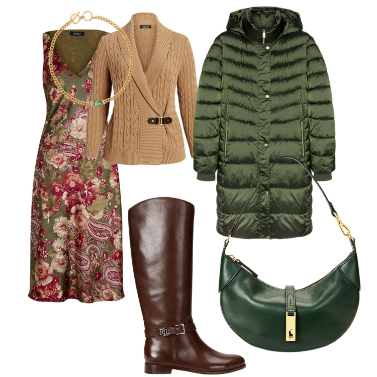 Outfit donna - Giornate in montagna. per Tutti i giorni. Abbinamento con maglieria, borse a spalla, stivali, collane, vestiti senza maniche, piumini.