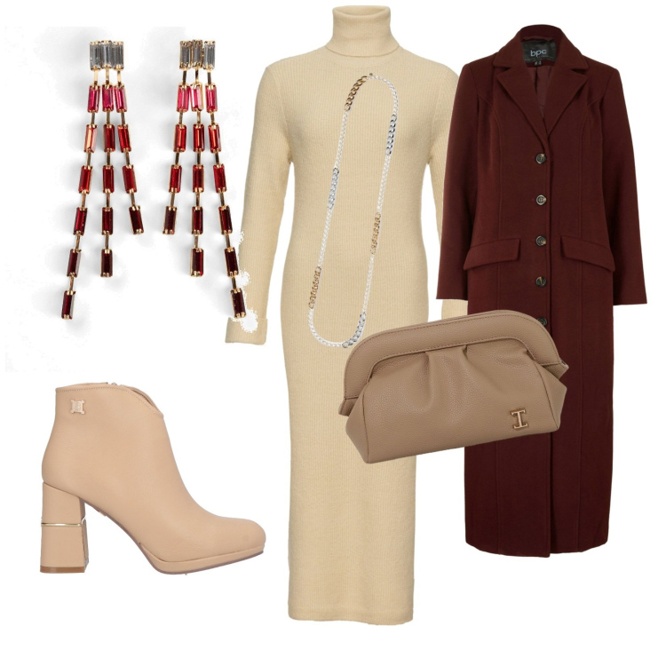 Outfit donna - Sabato mattina. per Tutti i giorni. Abbinamento con orecchini, cappotti, vestiti, stivaletti, borse a mano, collane.