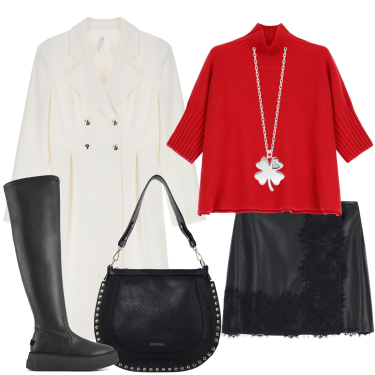 Outfit donna - Serata tra donne. Stile Glamour per Serata fuori. Abbinamento con collane, minigonne, borse a spalla, maglieria, cappotti, stivali sopra il ginocchio.