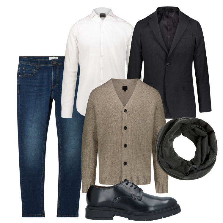 Outfit uomo - Sabato. Stile Casual per Tutti i giorni. Abbinamento con scarpe stringate, sciarpe, jeans skinny, camicie, cardigans, giacche.