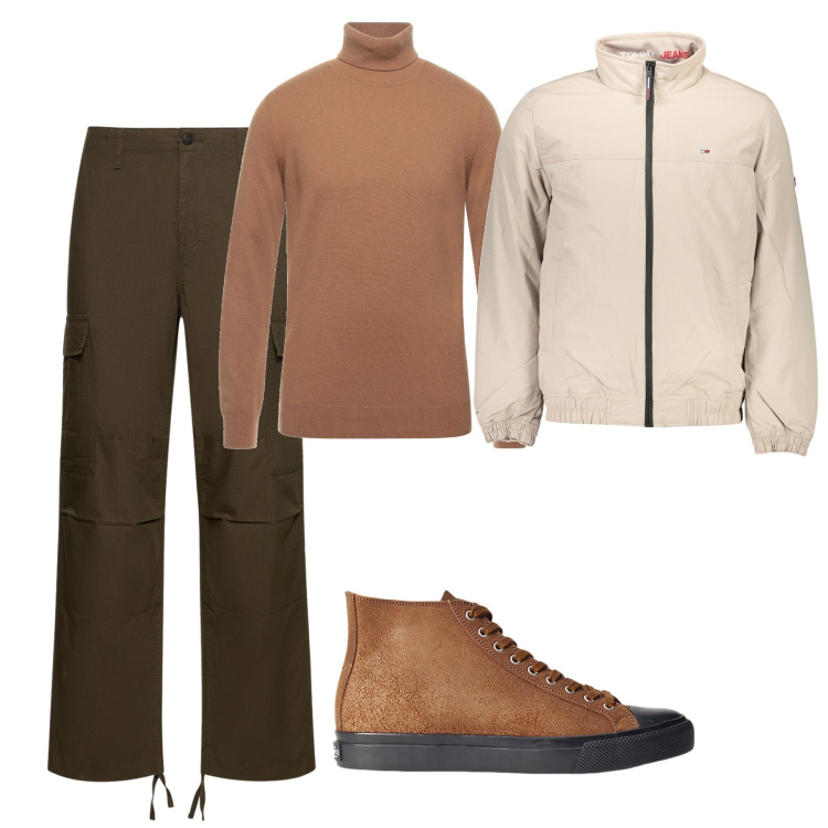 Outfit uomo - Collo antivento. Stile Trendy per Tutti i giorni. Abbinamento con maglieria, sneakers, pantaloni cargo, giacche.