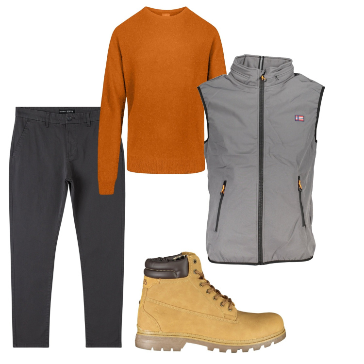 Outfit uomo - Arancio forte. Stile Casual per Tutti i giorni. Abbinamento con pantaloni chino, maglieria, giacche, stivali.