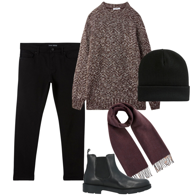 Outfit uomo - Very over. Stile Trendy per Tutti i giorni. Abbinamento con stivali e stivaletti, maglieria, pantaloni skinny, berretti, sciarpe.