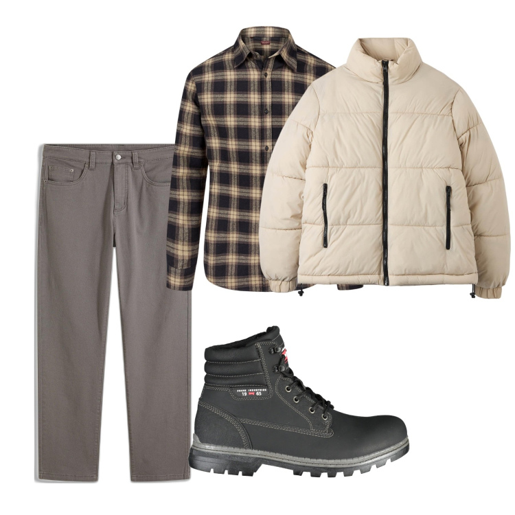 Outfit uomo - Novembre. Stile Casual per Tutti i giorni. Abbinamento con pantaloni, piumini, stivali, camicie.