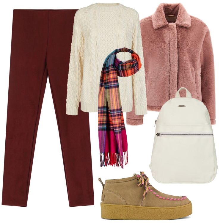 Outfit donna - Cappotto corto. Stile Casual per Tutti i giorni. Abbinamento con pantaloni, sciarpe, zaini, cappotti, maglieria, stivaletti.