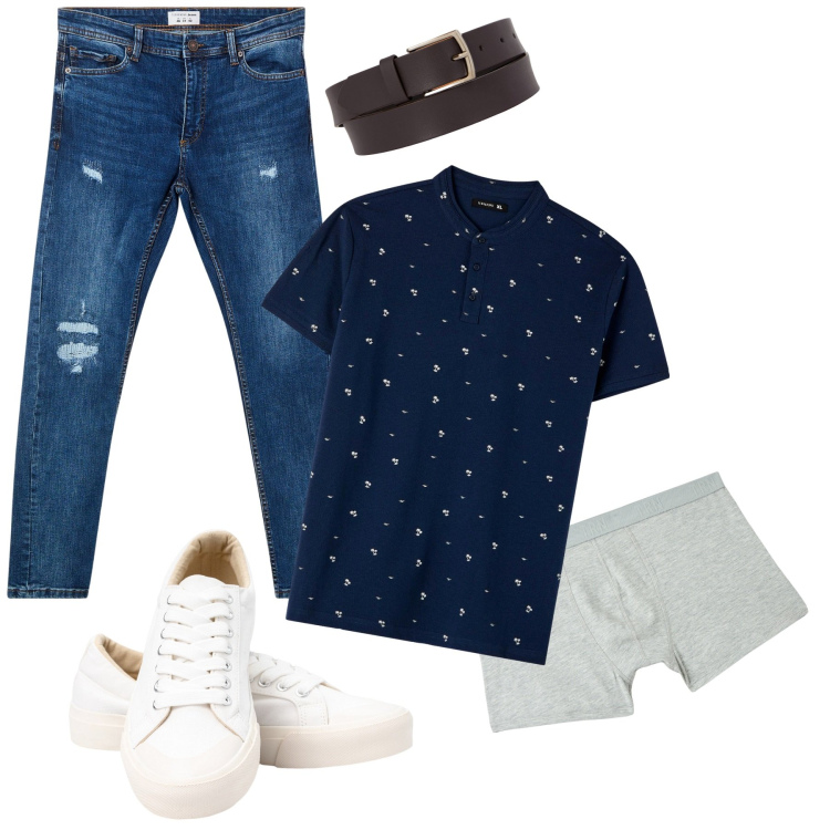 Outfit uomo - Simply. Stile Casual per Tutti i giorni. Abbinamento con t-shirt, boxer, jeans strappati, cinture, sneakers.