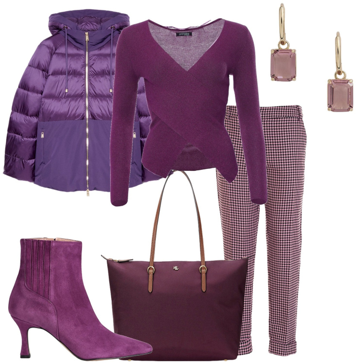 Outfit donna - Fantasia pied de poule. Stile Casual chic per Tutti i giorni. Abbinamento con stivaletti, maglieria, pantaloni, borse tote, orecchini, piumini.