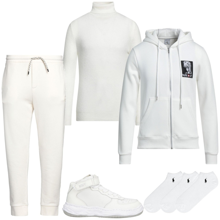 Outfit uomo - Man in white. Stile Casual per Sport. Abbinamento con maglieria, pantaloni, felpe con cappuccio, sneakers, calzini.