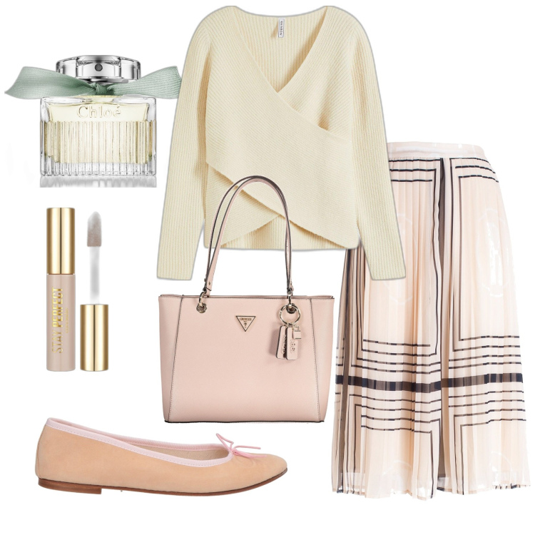 Outfit donna - Comfy chic. Stile Chic per Tutti i giorni. Abbinamento con maglieria, ballerine, correttori, profumi, gonne longuette, borse a spalla.