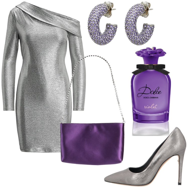 Outfit donna - Abito argento. Stile Glamour per Serata fuori. Abbinamento con borse a mano, décolleté, orecchini, profumi, vestiti.