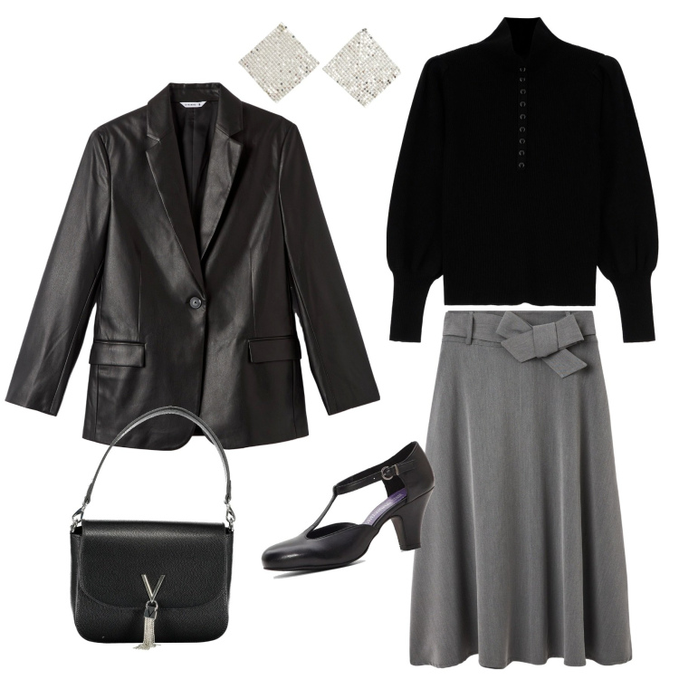 Outfit donna - Chip&chic. Stile Chic per Tutti i giorni. Abbinamento con décolleté, orecchini, blazer, gonne lunghe, maglieria, borse a spalla.