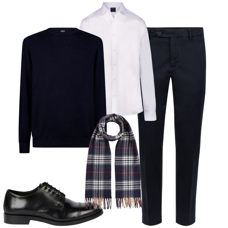 Outfit uomo - City. Stile Business/Elegante per Tutti i giorni. Abbinamento con camicie, maglieria, sciarpe, scarpe stringate, pantaloni chino.