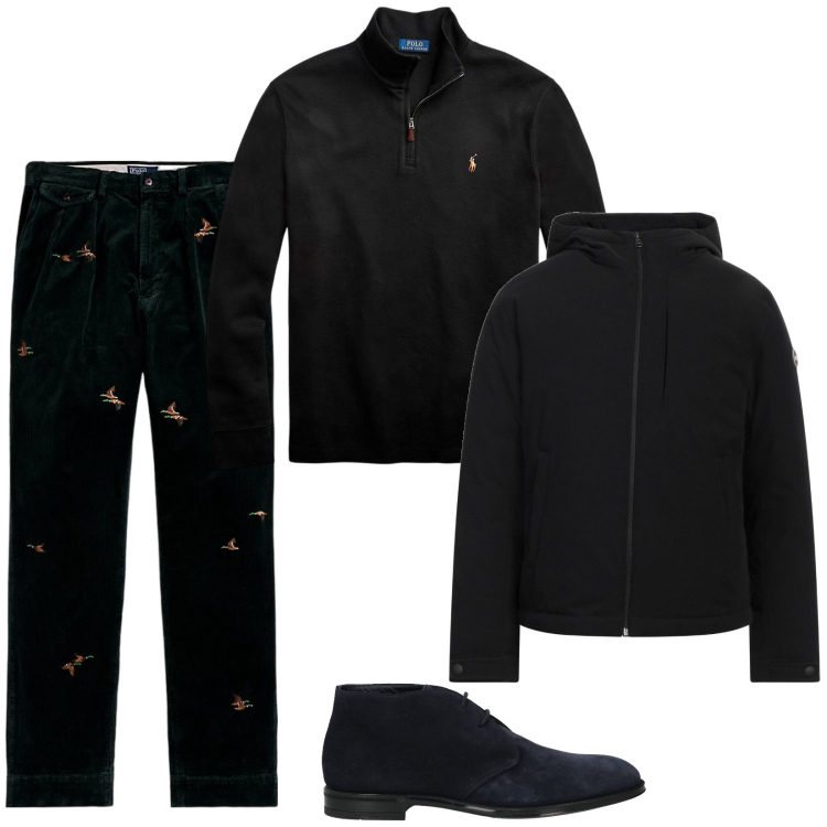 Outfit uomo - Black Friday luxury edition. Stile Casual per Tutti i giorni. Abbinamento con piumini, stivali e stivaletti, pullovers, pantaloni.
