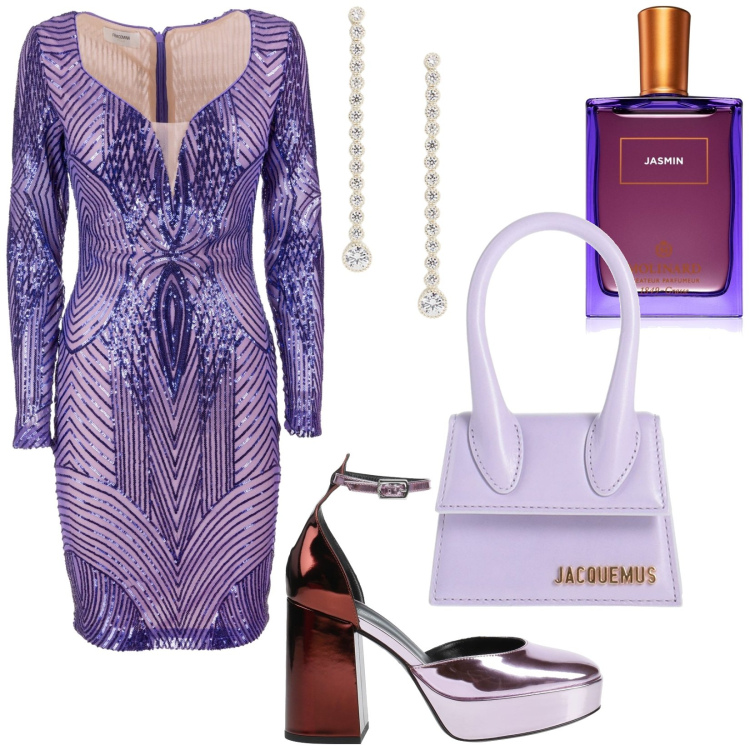 Outfit donna - Abito glamour. Stile Glamour per Serata fuori. Abbinamento con décolleté, borse a mano, profumi, vestiti, orecchini.