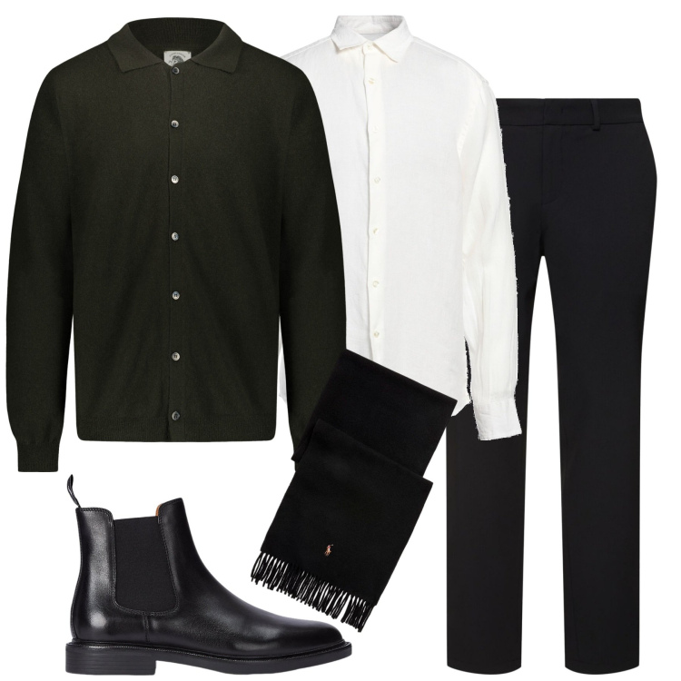 Outfit uomo - In ufficio. Stile Business/Elegante per Ufficio. Abbinamento con camicie, stivali e stivaletti, sciarpe, polo, pantaloni.